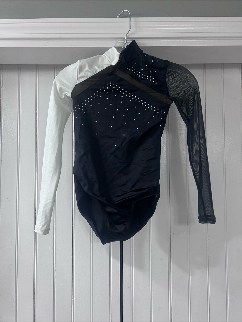 Weissman Black and White Long Sleeve Bodysuit with Rhinestones